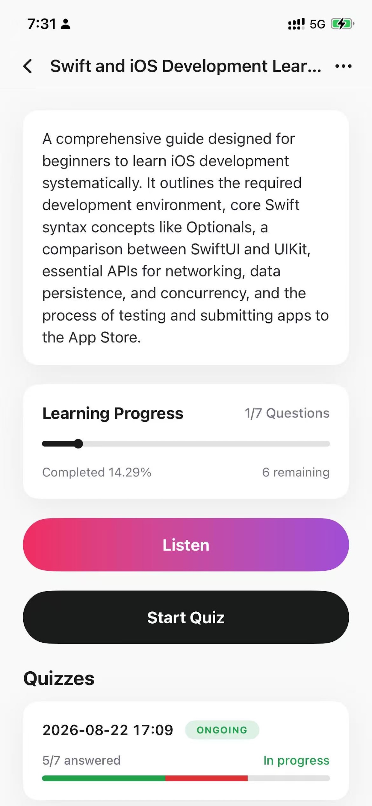 Answerix document detail with Listen and Start Quiz
